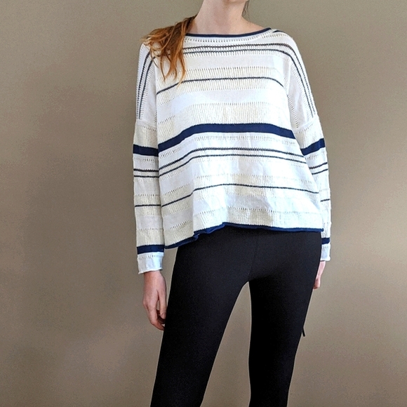 Lou & Grey Striped Sweater Size M, Navy Cream - Picture 6 of 9
